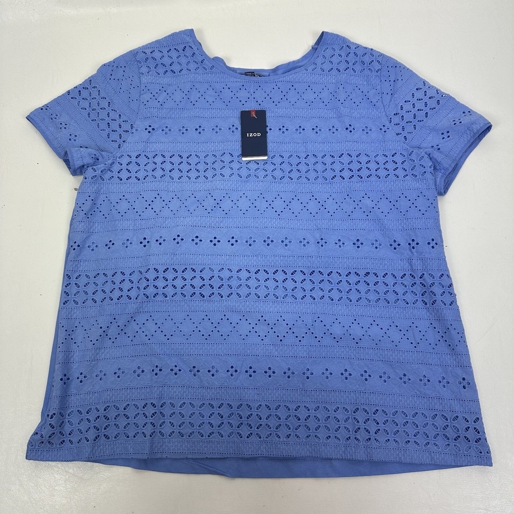Izod Women's Shirt Top Embroidered Cutout Cornflower Blue Size L Short Sleeve